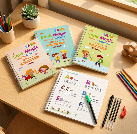 Sank Magic Practice Copybook ( 4 Books + Refil + 1 Pen +grip) for Pre-schoolers
