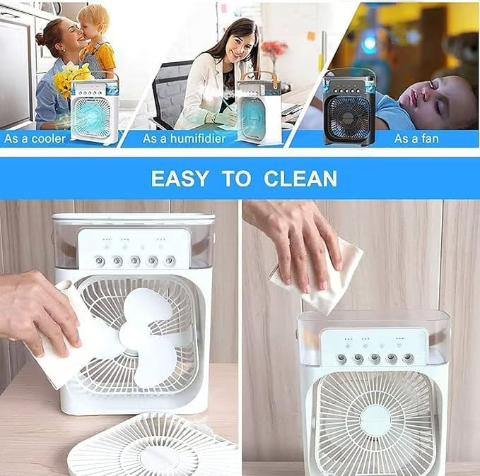 Portable Mini Air Cooler Fan with Water Mist & LED Light – USB Rechargeable