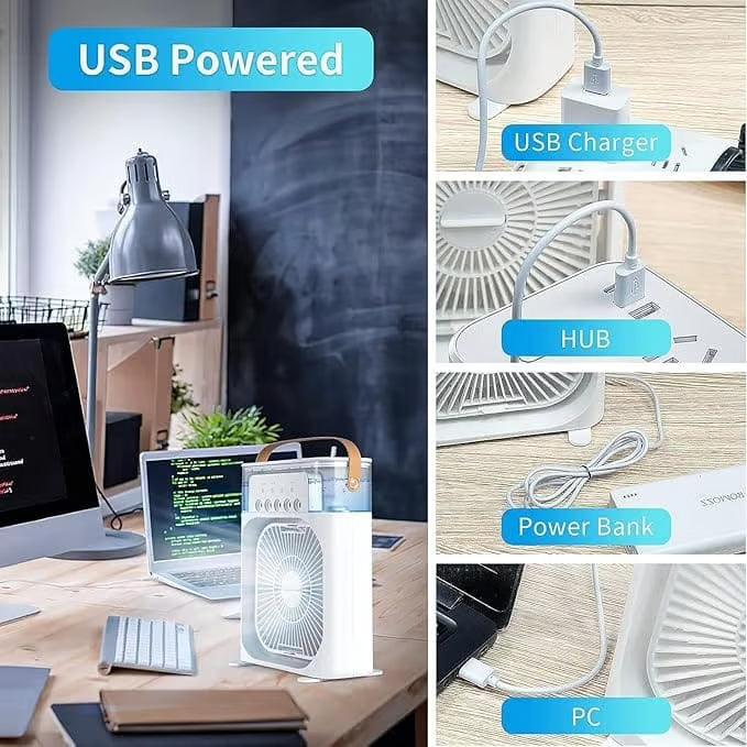 Portable Mini Air Cooler Fan with Water Mist & LED Light – USB Rechargeable